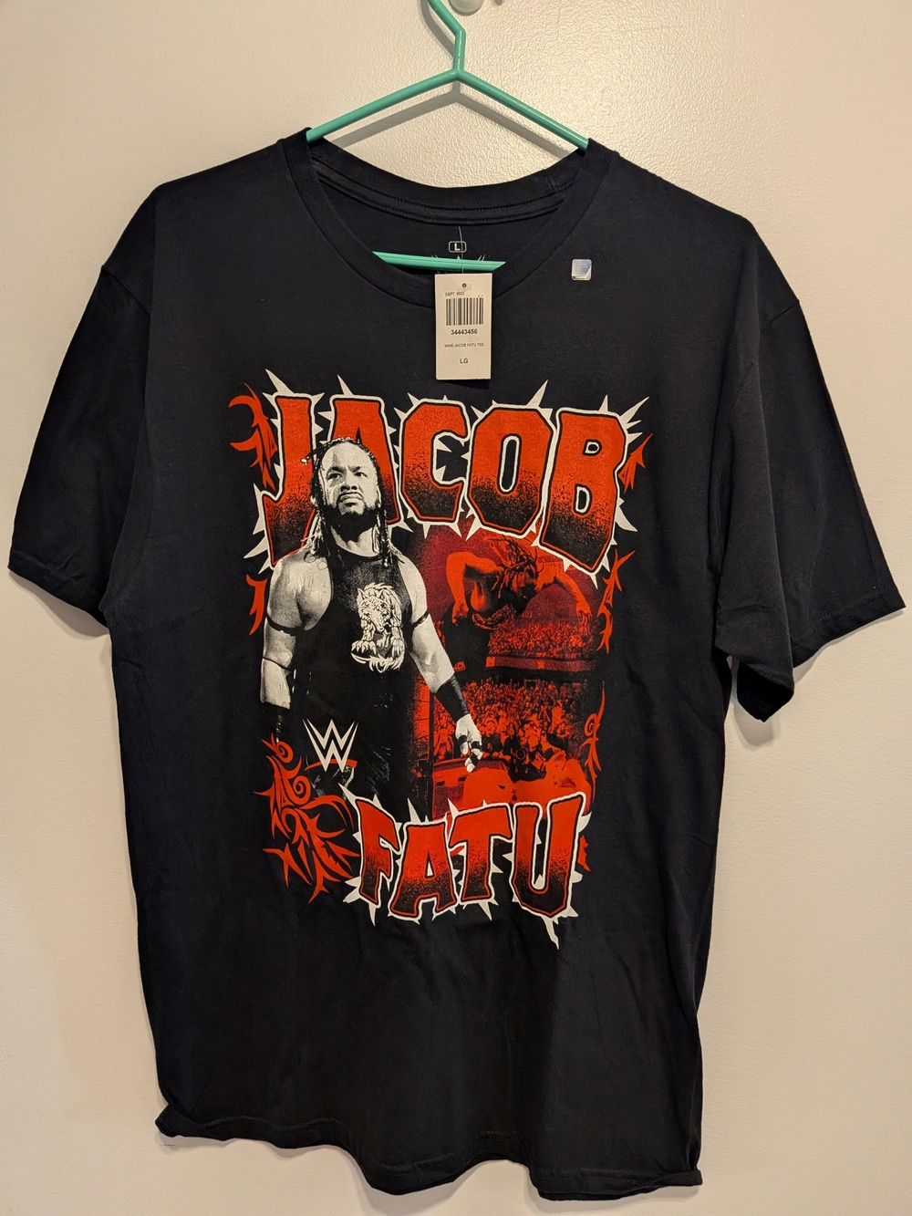 WWE Jacob Fatu Black Graphic Tee with Red and White Print